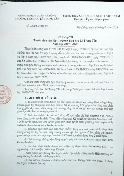 KẾ HOẠCH TUYỂN SINH VÀO LỚP 1 NĂM HỌC 2019 - 2020