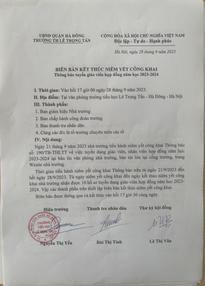 Biên bản kết thúc Niêm yết công khai Thông báo tuyển dụng giáo viên, nhân viên Hợp đồng năm học 2023-2024