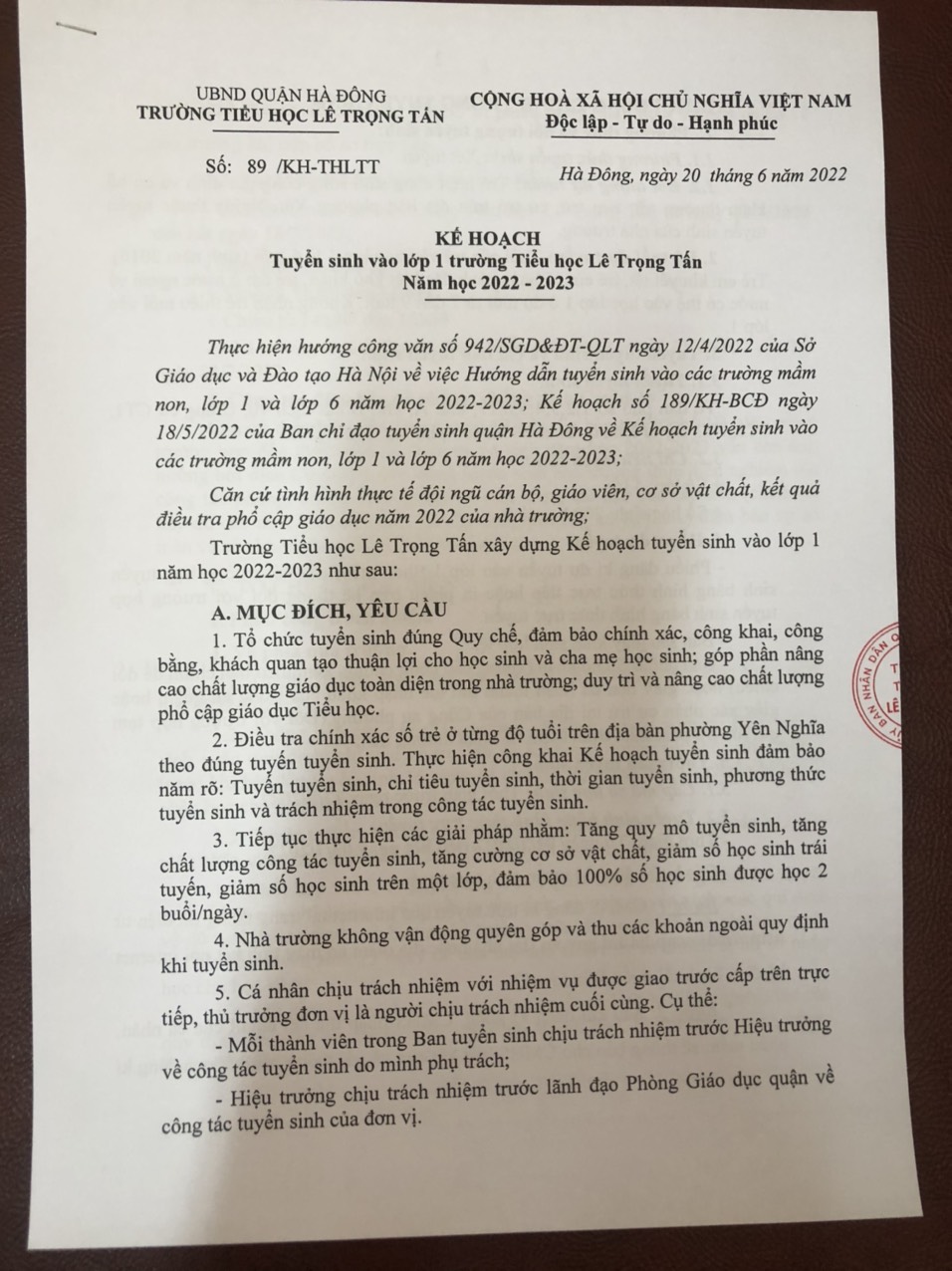 Trường TH Lê Trọng Tấn thông báo tuyển sinh năm học 2022-2023