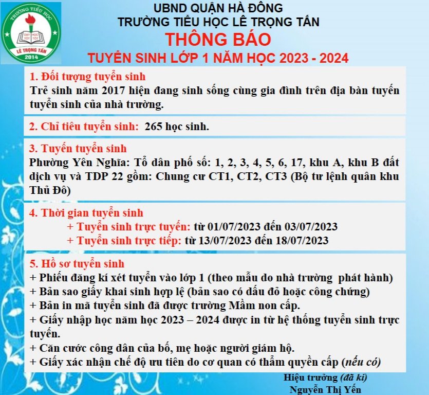Kế hoạch và thông báo tuyển sinh lớp 1 năm học 2023-2024