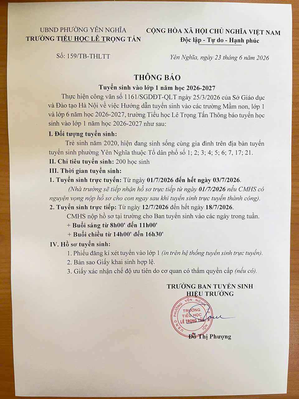 Thông báo Tuyển sinh vào lớp 1 năm học 2026-2027