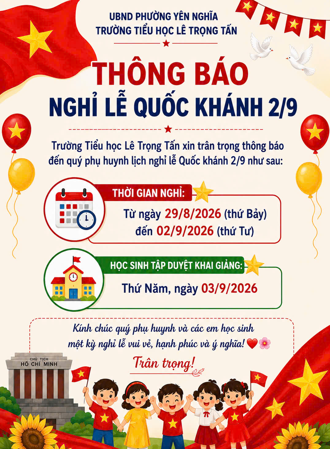 THÔNG BÁO NGHỈ LỄ QUỐC KHÁNH 2-9-2026